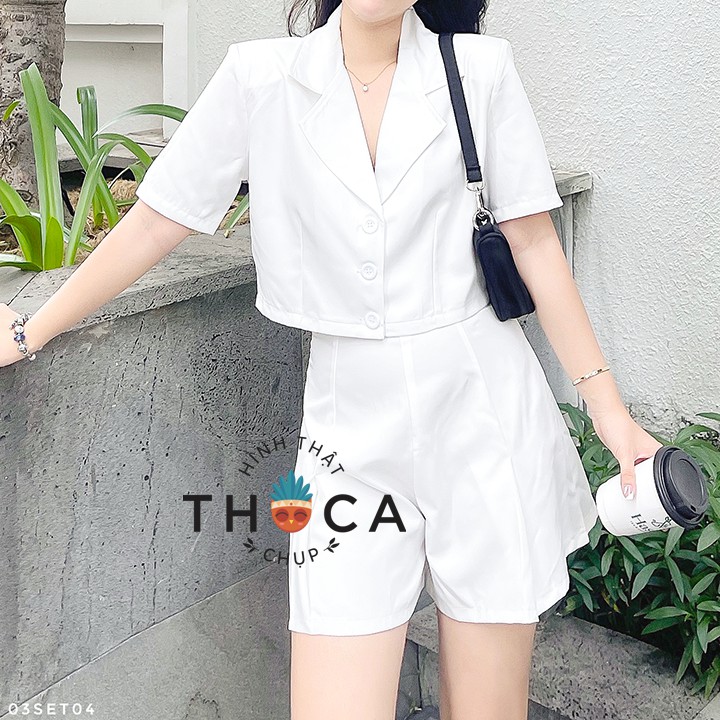 Set đồ kiểu vest - Áo croptop 3 nút phối quần short trắng, đen THOCA HOUSE thanh lịch trẻ trung công sở