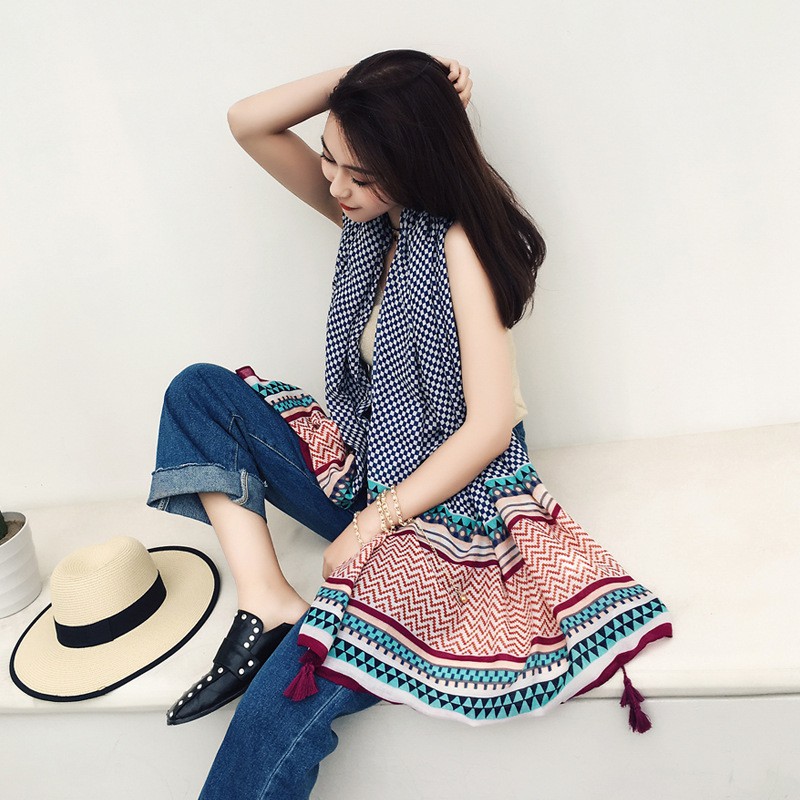 Khăn quàng cổ nữ choàng đi biển thổ cẩm phong cách vintage boho nữ đẹp iLita cao cấp đủ màu đen, vàng, đỏ, be, xanh rêu