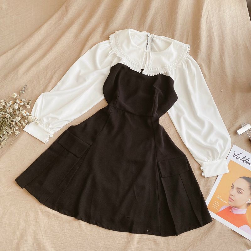 ĐẦM ĐEN PHỐI TAY CỔ PETER TẦNG TRẮNG