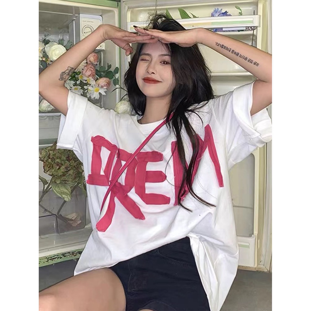 Áo Thun Ngắn Tay Cổ Tròn Họa Tiết Sọc In Chữ Phong Cách Hàn Quốc Dễ Phối Đồ Thời Trang