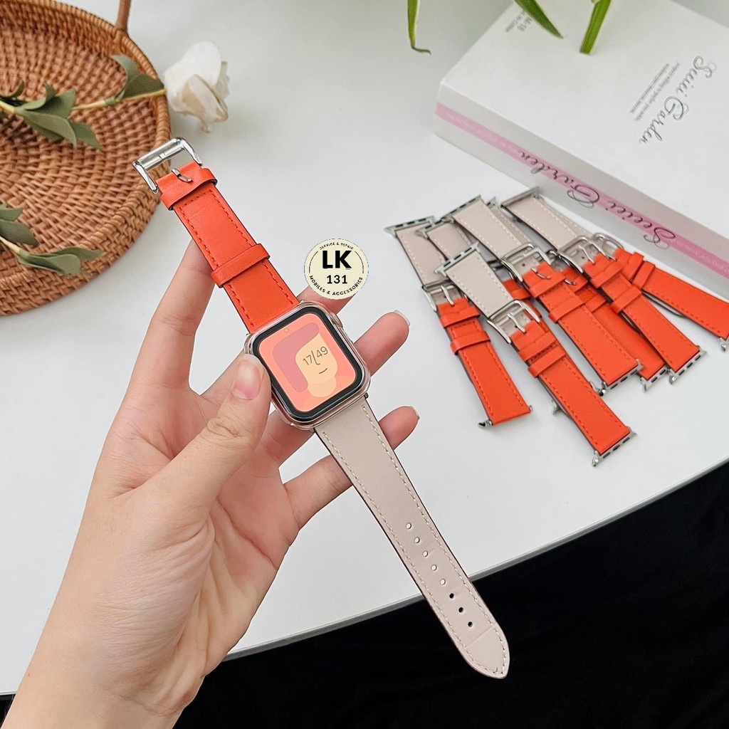 Dây da kiểu Hermes phối 2 màu Cam & Da dành cho đồng hồ thông minh 1 2 3 4 5 6 7