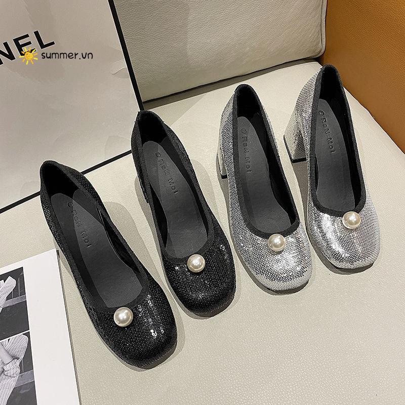 Giày Mũi Vuông Gót Dày Đính Ngọc Trai Phong Cách Thời Trang Xuân Hè Mới 2022 Dành Cho Nữ