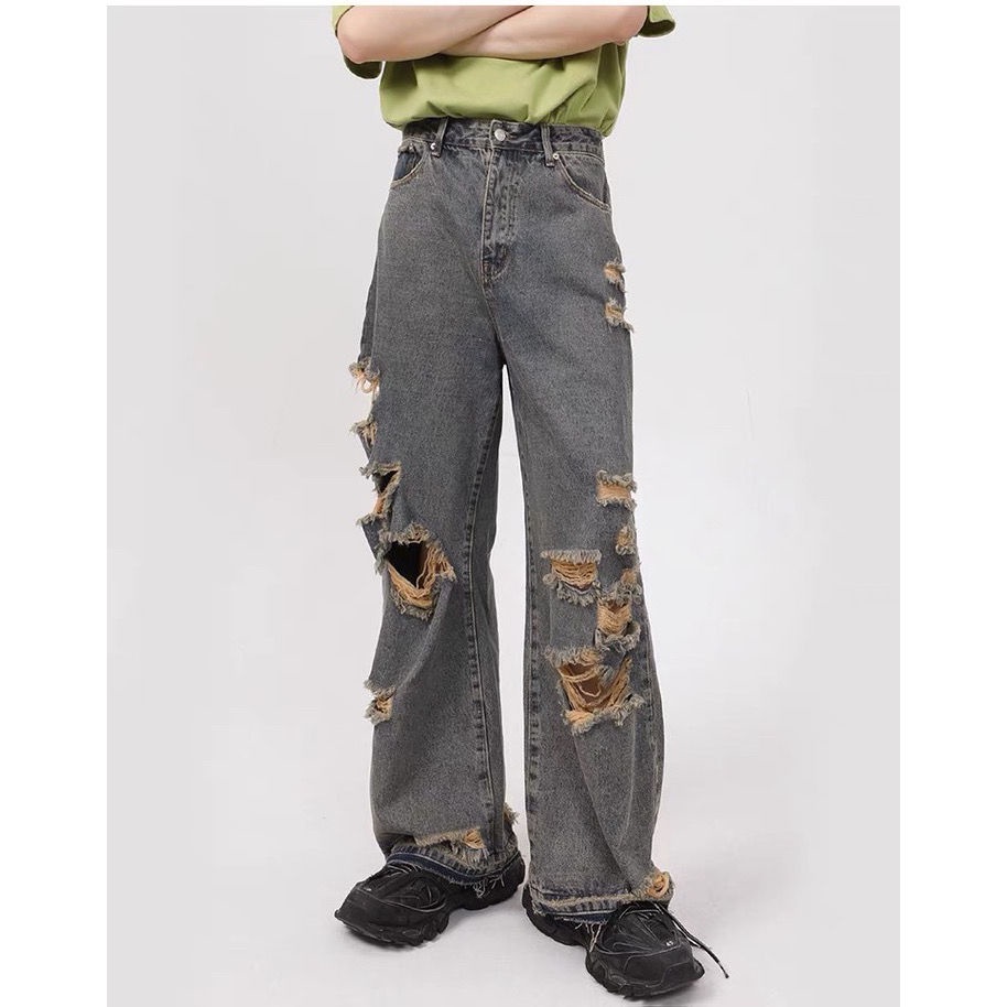 Quần Jeans Dài Phối Vết Rách Cá Tính Cho Nam