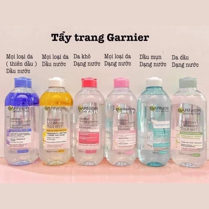 Tẩy trang Garnier Cleansing Water 400ml đủ màu vàng , hồng , xanh lá , xanh dương, đỏ giúp làm sach da dịu nhẹ