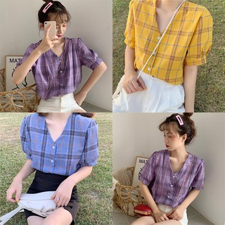 Áo sơ mi nữ tay ngắn cổ chữ V họa tiết caro