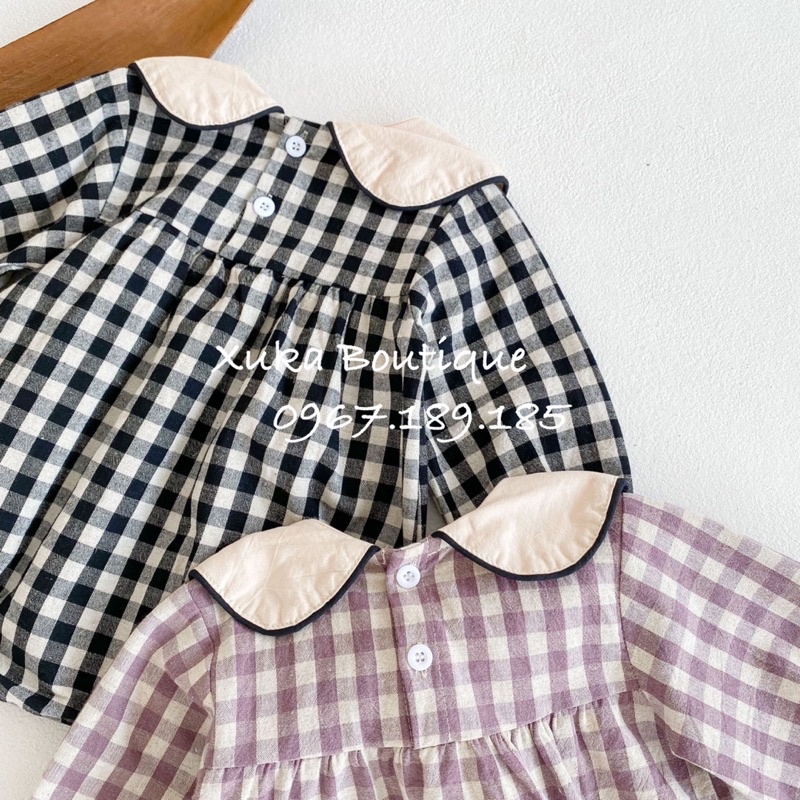 Bodysuit Dài Tay Kẻ Caro Cổ Yếm Thêu Gấu Bé Gái Cao Cấp - Body Chip Thêu Gấu Hàn Quốc