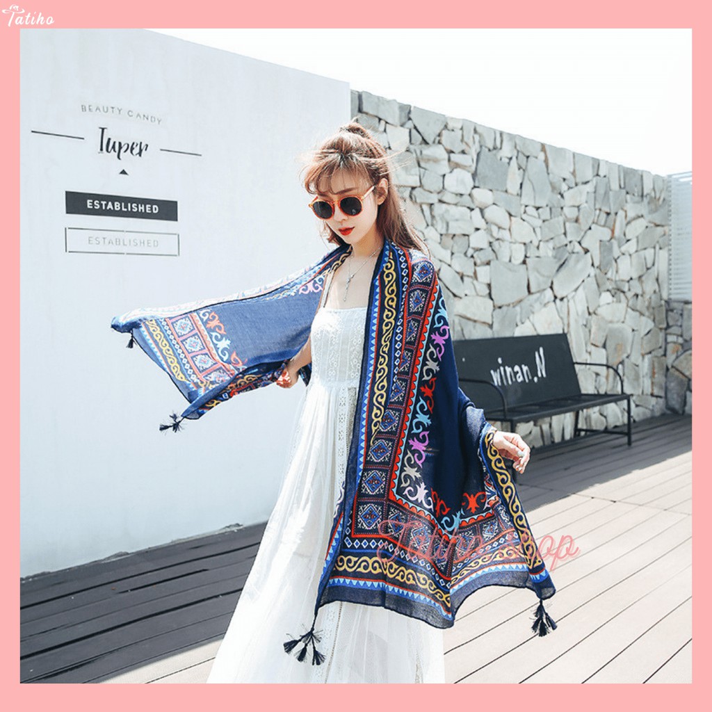 [Hàng Xịn, Giá Tốt] Khăn Choàng Cổ Boho Thổ Cẩm Du Lịch Biển Vintage - Chất Liệu Cotton - Size:90x180cm - Mã KC003