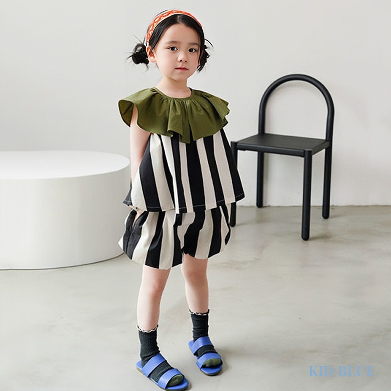 Bộ Áo Cổ Lá Sen Họa Tiết Kẻ Sọc + Quần Short Thời Trang Mùa Hè Phong Cách Hàn Quốc Cho Bé Gái