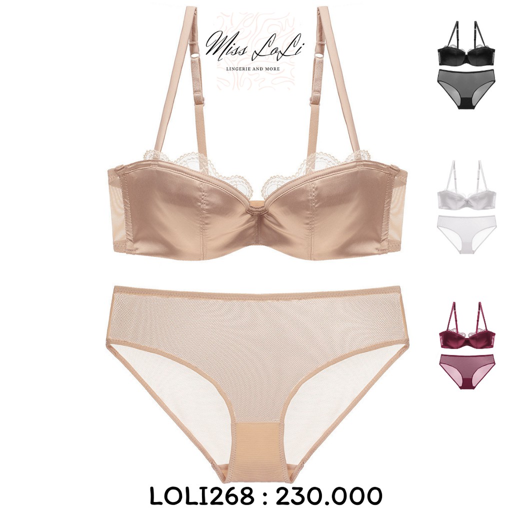 [FREESHIP] Bộ Đồ Lót Nữ LOLI268Chất Lụa Satin Mỏng, Áo Lót Có Gọng Không Mút Kiểu Dáng Sexy