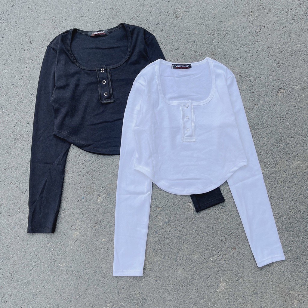 Áo kiểu croptop tay dài cổ vuông nút bấm vạt bầu cực xinh , chất thun bozip mềm mịn co giãn