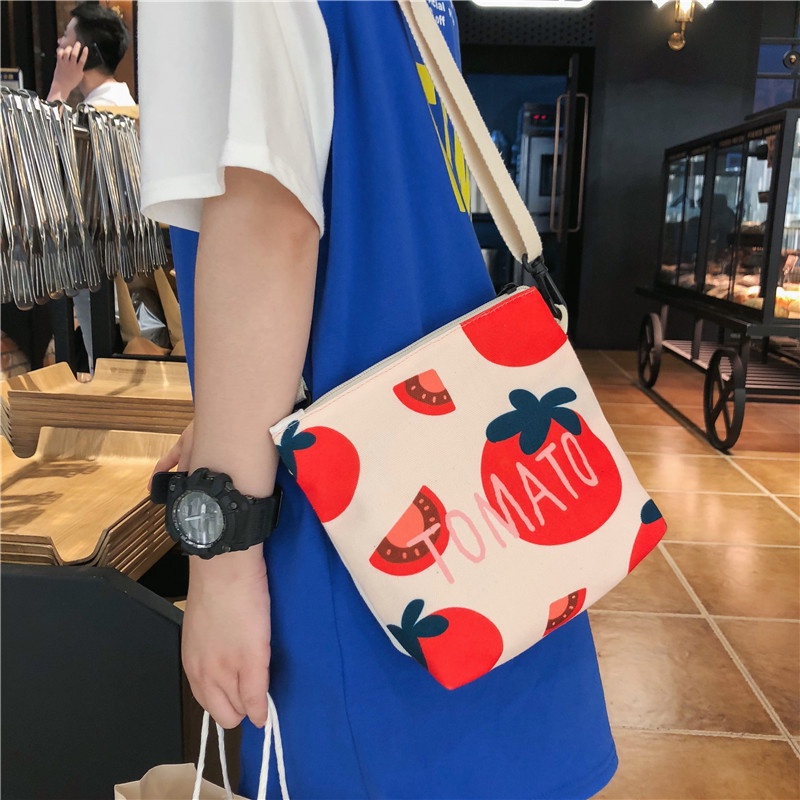 Túi Đeo Vai Vải Canvas Cỡ Nhỏ In Họa Tiết Quả Bơ Hoạt Hình Phong Cách Nhật Bản Độc Đáo