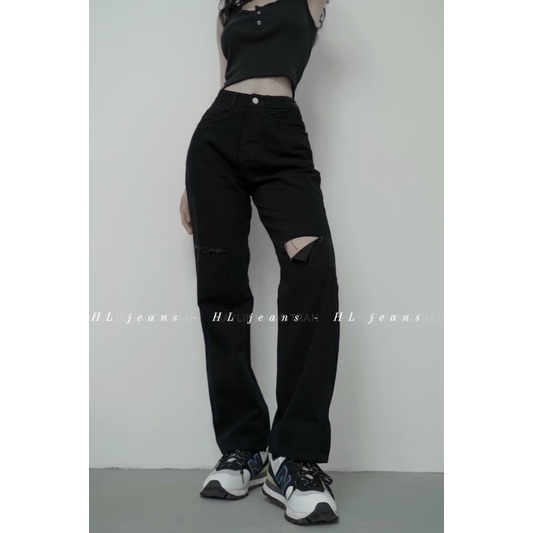 Quần jeans nữ ống đứng lưng cao đen rách H.N.M STORE hottrend