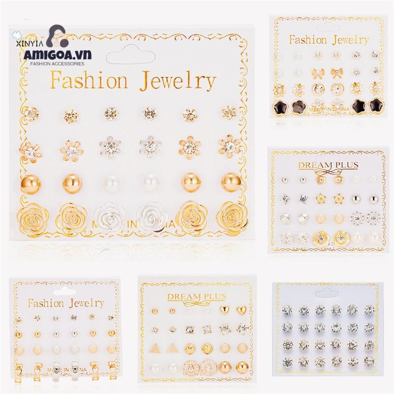 Bộ 12 Đôi Bông Tai Hình Nơ Đính Ngọc Trai Nhân Tạo