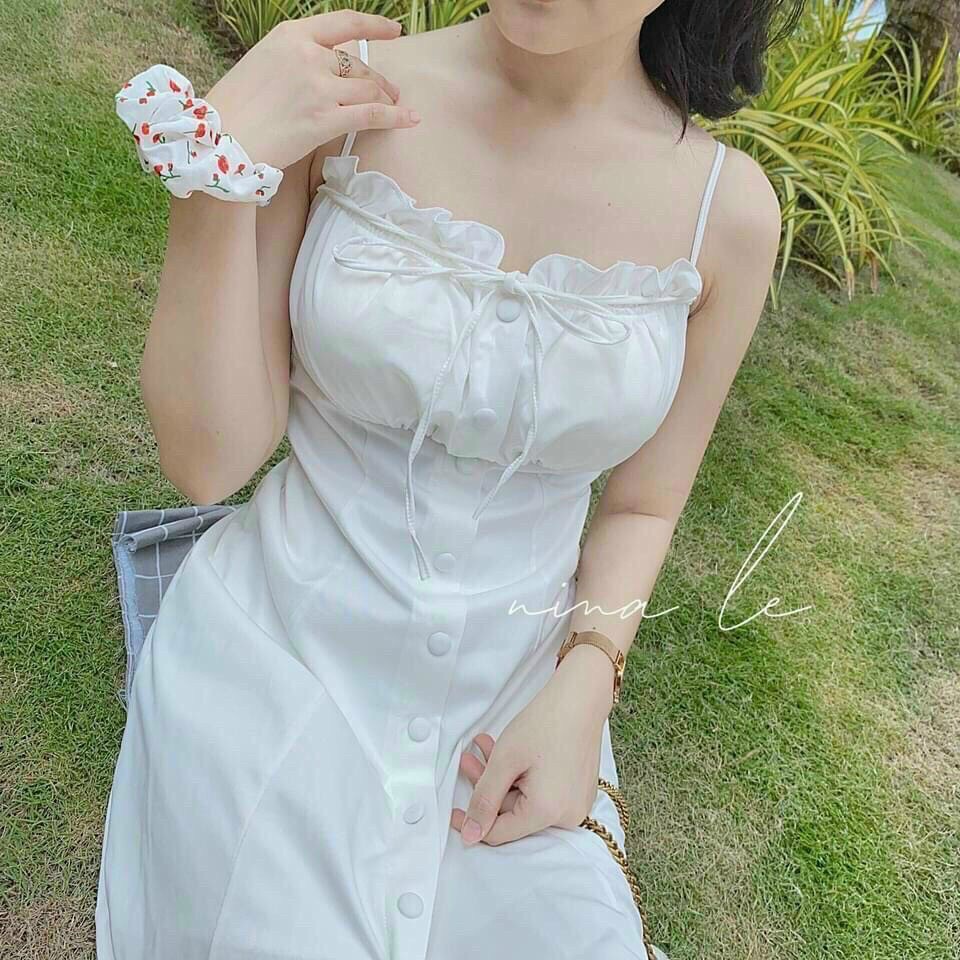 Đầm đi biển xoè 2 dài cài nút nhún ngực hở lưng có mút