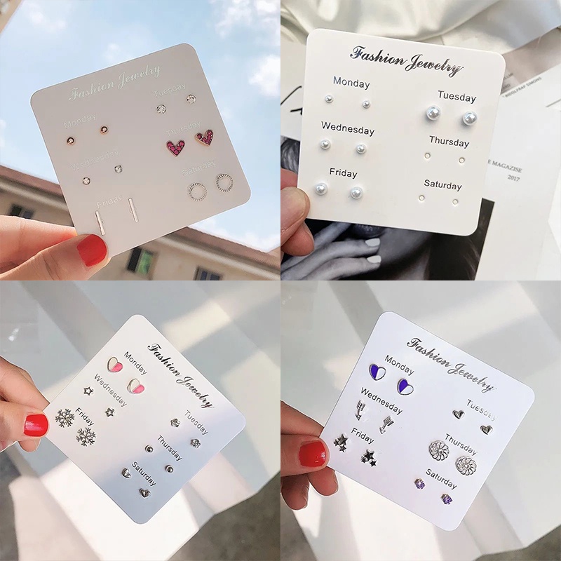 Set 6 khuyên tai đính đá ngọc trai đơn giản phong cách Hàn Quốc