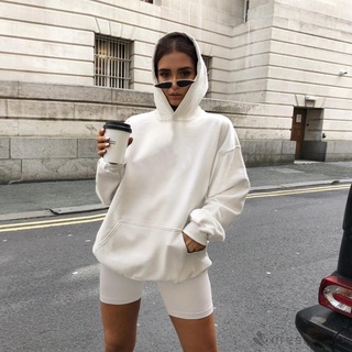 Set áo hoodie dáng rộng + quần short màu trơn xinh xắn dành cho phái đẹp