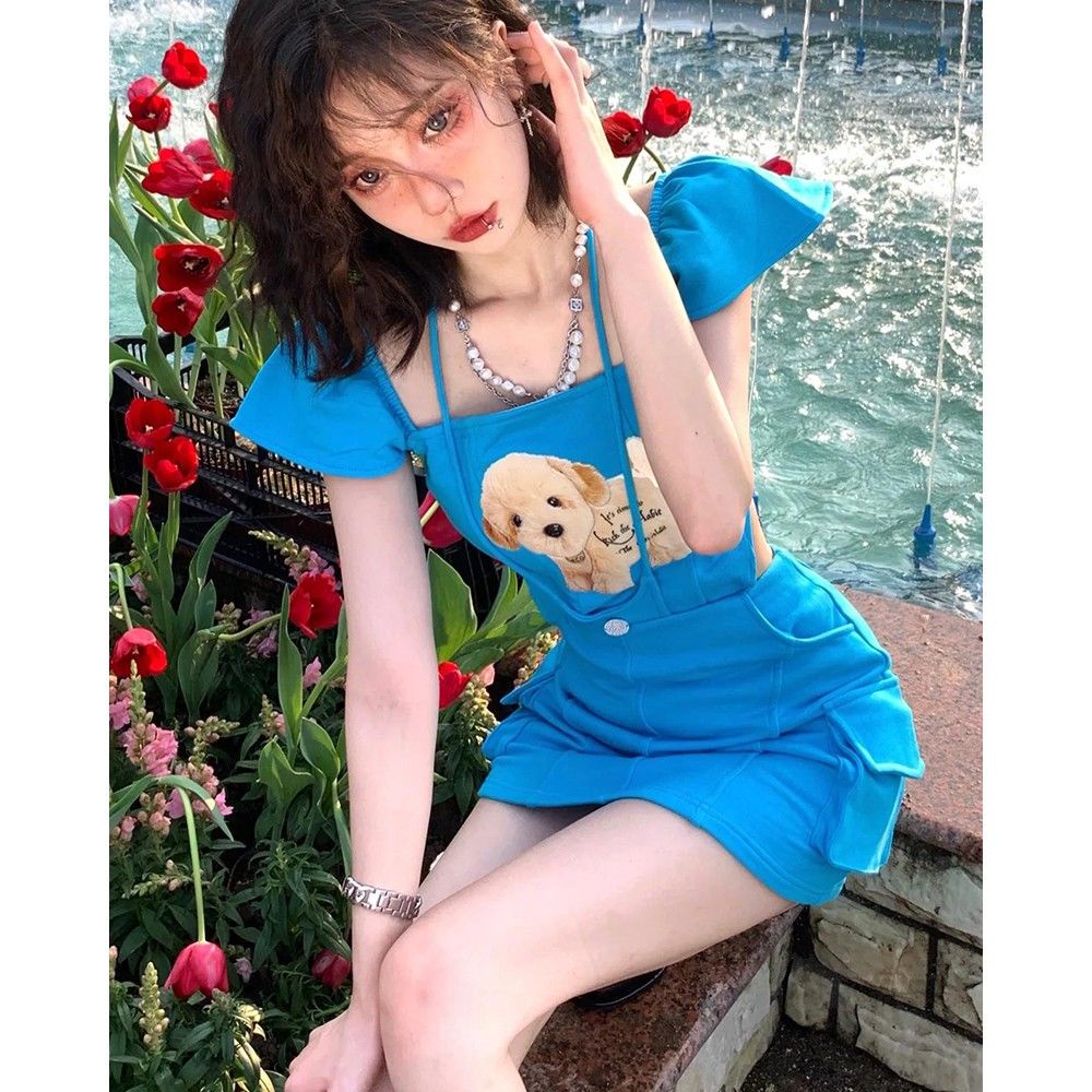 Bộ Áo Trễ Vai Dáng Ôm + Chân Váy Màu Xanh Dương Thời Trang Mùa Hè Xinh Xắn Cho Nữ