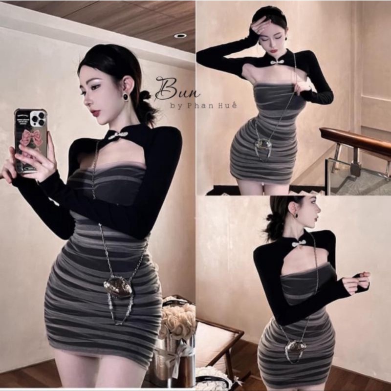 Đầm váy body lưới cut out ngực tay dài
