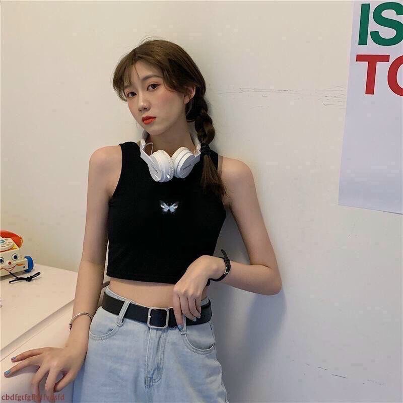 Áo ba lỗ thêu bướm Uzzang chất thun borip