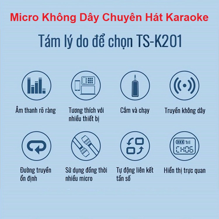 Micro Không Dây TS-K201, Chính Hãng TAKSTAR, Mic Có jack Cắm 3.5 Và 6.5mm - Cắm Cho Các Loại Loa Kéo - Mixer - Soundcard
