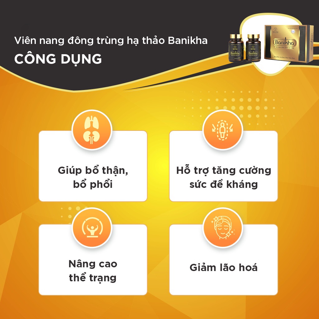 Viên Uống Đông Trùng Hạ Thảo BANIKHA - Hỗ Trợ Giảm Lão Hóa Da, Tăng Đề Kháng, Bổ Phổi - Hộp 1 lọ (60 viên nang)