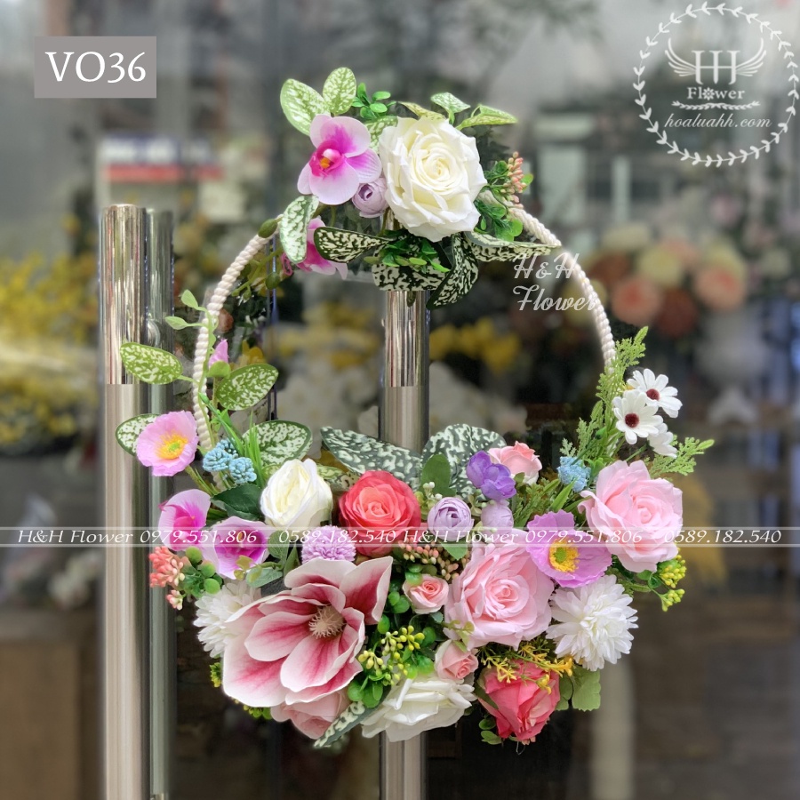 VÒNG HOA NGUYỆT QUẾ TREO CỬA NHIỀU MÀU- HOA LỤA CAO CẤP