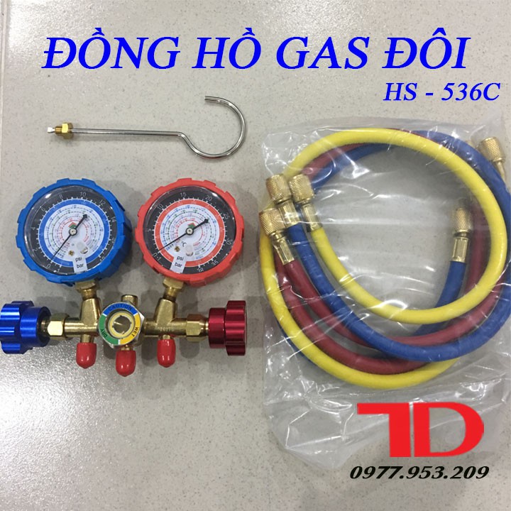 Đồng Hồ Đo Áp Suất Gas Máy Lạnh HS-536C, bộ đồng hồ đo nạp gas đôi hãng Hongsen kèm dây HS-536C