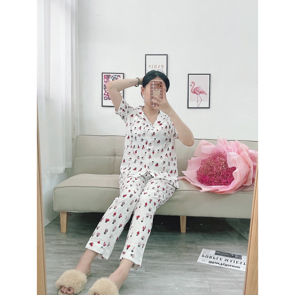 Bộ mặc nhà Pyjama đũi nhăn Hàn tay cộc quần dài Tea Store mát nhẹ họa tiết dễ thương