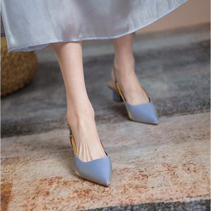 Giày sục mule satin xăng đan cao gót mũi nhọn đế dày hở gót vintage công sở 2022