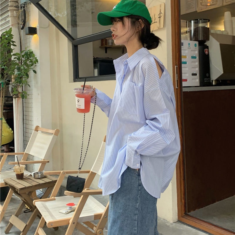 Áo Sơ Mi Sọc Xanh Tay Dài Hở Vai Thời Trang Dành Cho Nữ