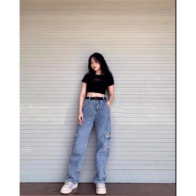 Quần bò  Quần jean ống rộng túi ốp màu xanh nữ style Ulzzang Hàn Quốc PHULA B19