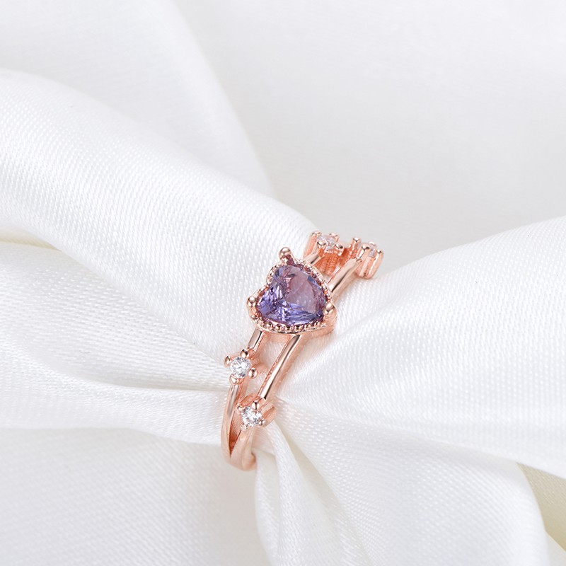 S925 Nhẫn Aifei R978 mạ bạc 025 đính kim cương tím nhân tạo hình trái tim cho nữ