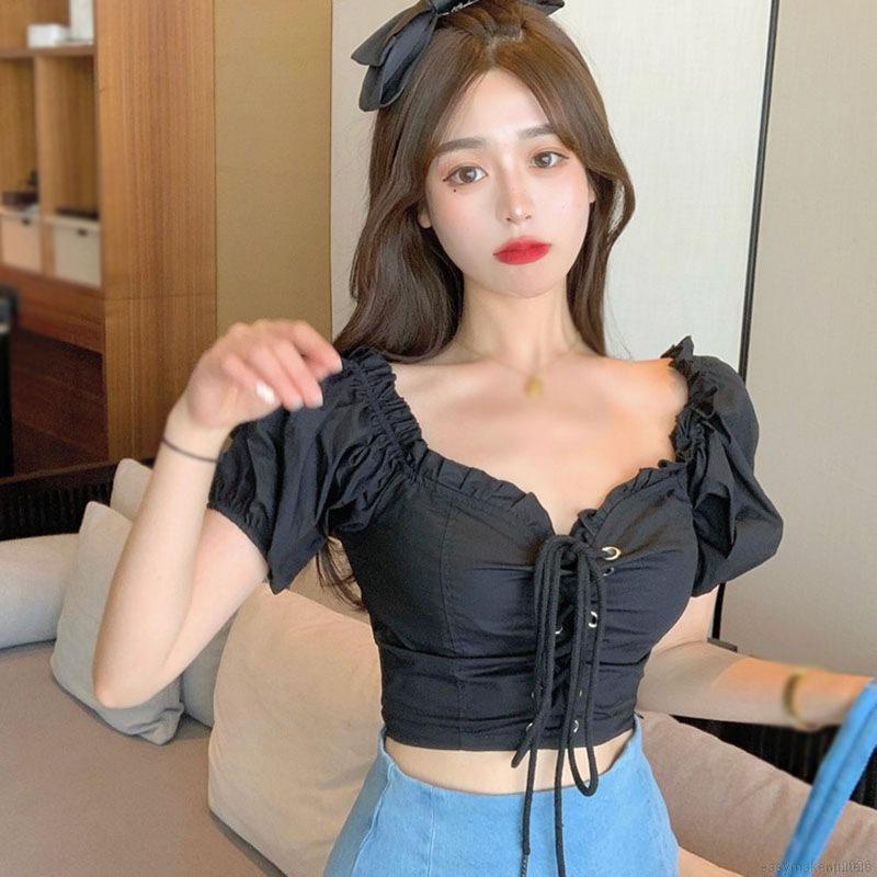 Áo Croptop Cổ Chữ V Phối Dây Rút Phong Cách Retro Dành Cho Nữ