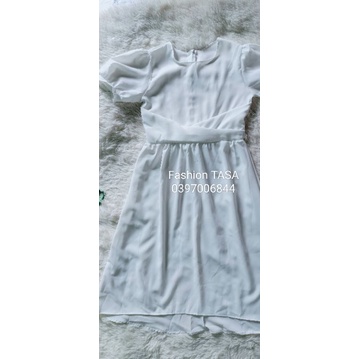 TTL Đầm xòe midi trắng tay phồng nhún chéo eo nina Lê cổ tròn dự tiệc thắt nơ sau lưng
