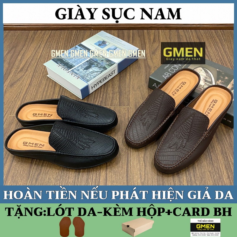 Giày sục nam da bò dập vân cá sấu-giày lười da đế cao su êm chân bảo hành 12 tháng GM01