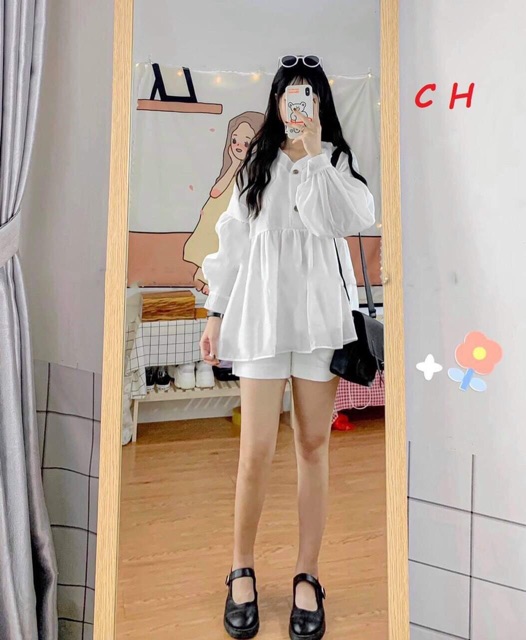 Áo sơmi baby doll cúc gỗ COU877