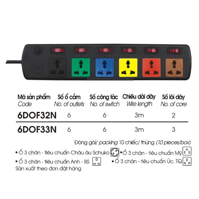 Ổ CẮM LIOA 6 LỖ 3 CHẤU 6 CÔNG TẮC 6DOF33N