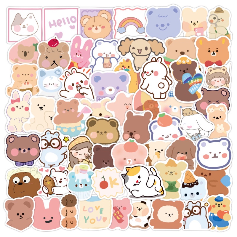 Set 60-100 Nhãn Dán Trang Trí Tủ Lạnh Laptop Chống Thấm Nước Hình Gấu Kiểu Hàn Quốc Dễ Thương