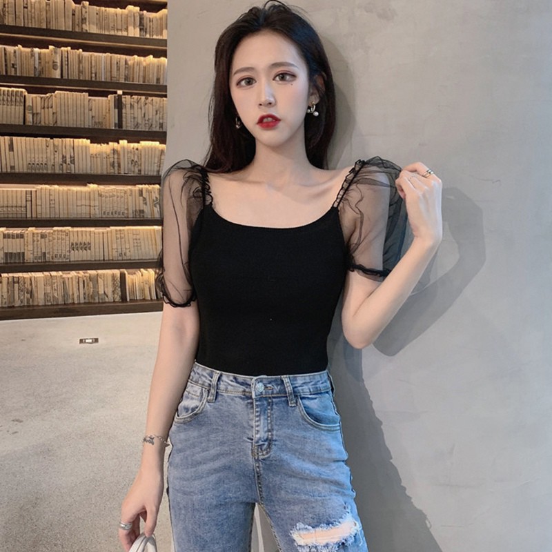 Áo Thun Nữ Tay Ngắn Cổ Chữ U Phối Lưới