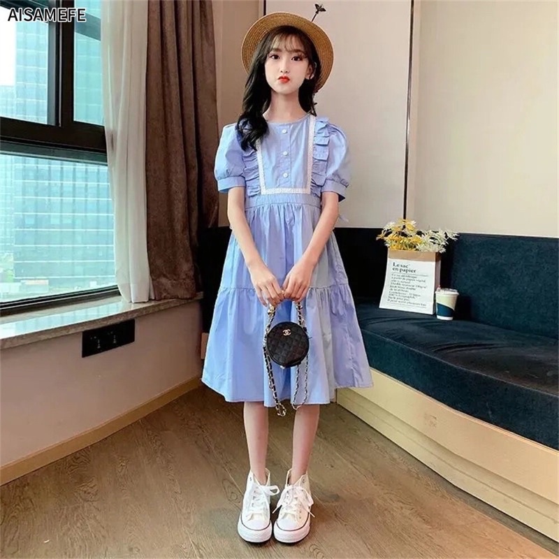 Đầm chữ A màu xanh dương nhạt phong cách Hàn Quốc cho bé gái 4-13 tuổi
