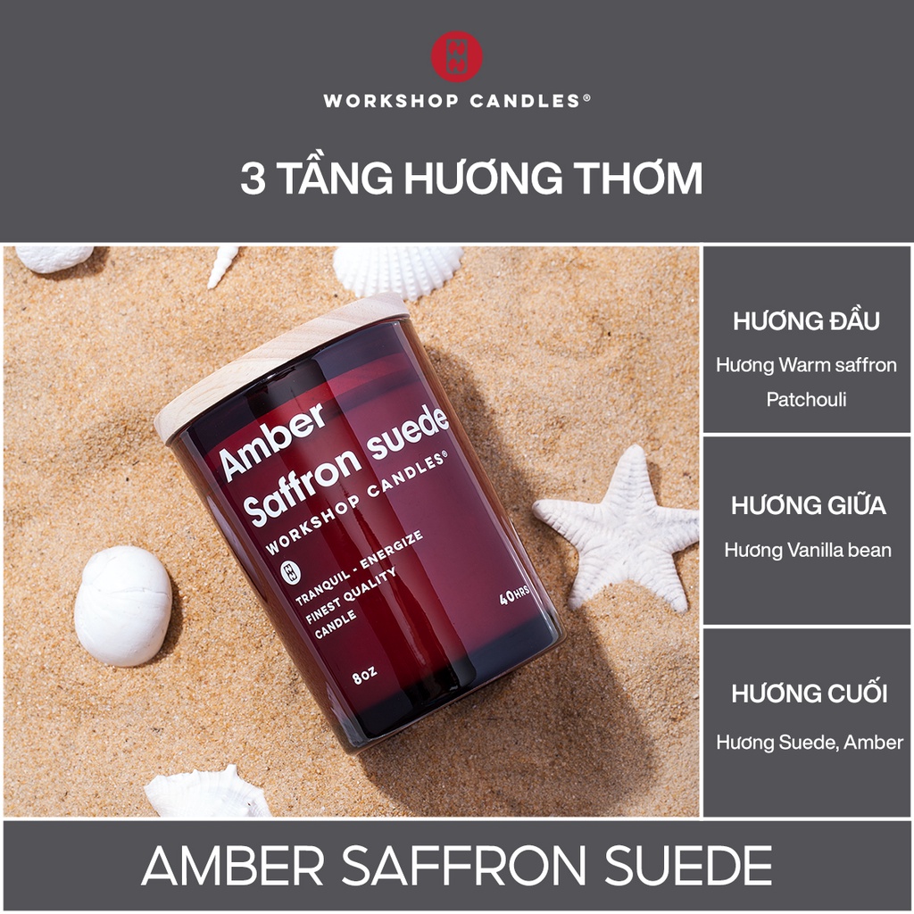 Nến thơm Amber Saffron Suede Workshop Candles H&amp;H Home 8 oz hương ấm áp khử mùi thư giãn