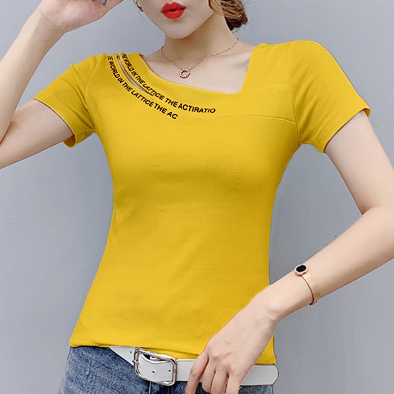 Áo Thun Cotton Ngắn Tay Dáng Ôm Thiết Kế Lệch Vai Độc Đáo Thời Trang Cho Nữ
