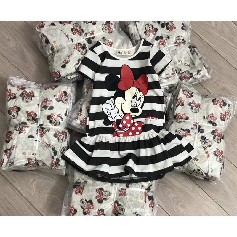 Set cặp váy cộc tay chất cotton HM hoạ tiết Mickey mới siêu xinh đáng yêu cho bé từ 2-10 tuổi