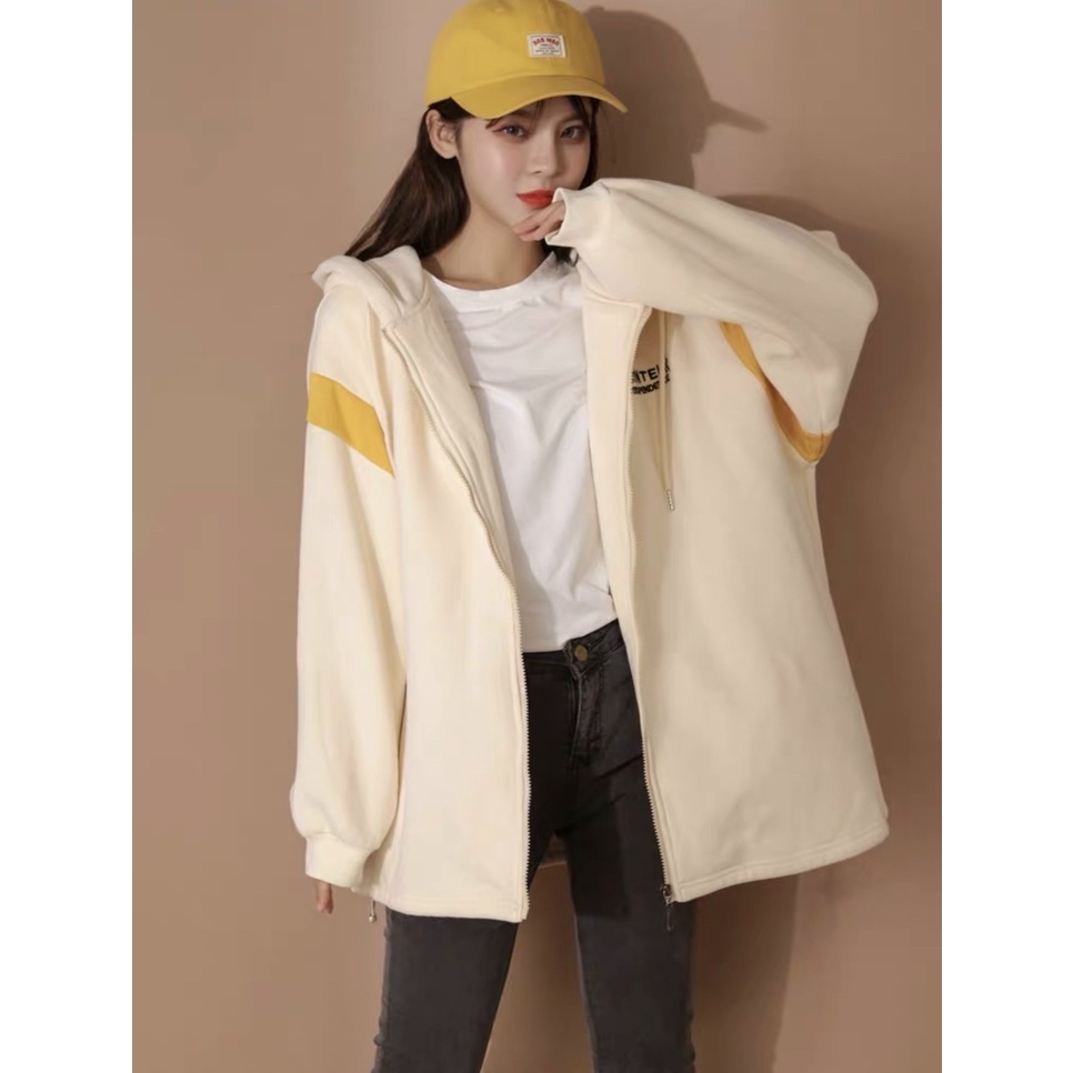 ÁO KHOÁC HOODIE CHỐNG NẮNG LOGO THÊU SIÊU XINH FORM RỘNG TAY SỌC VÀNG NÓN 2 LỚP PHONG CÁCH UNISEX