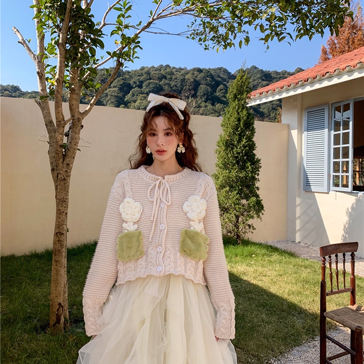 IELGY    Áo cardigan Dệt Kim Tay Dài Dáng Ngắn Thời Trang Hàn Quốc Cho Nữ