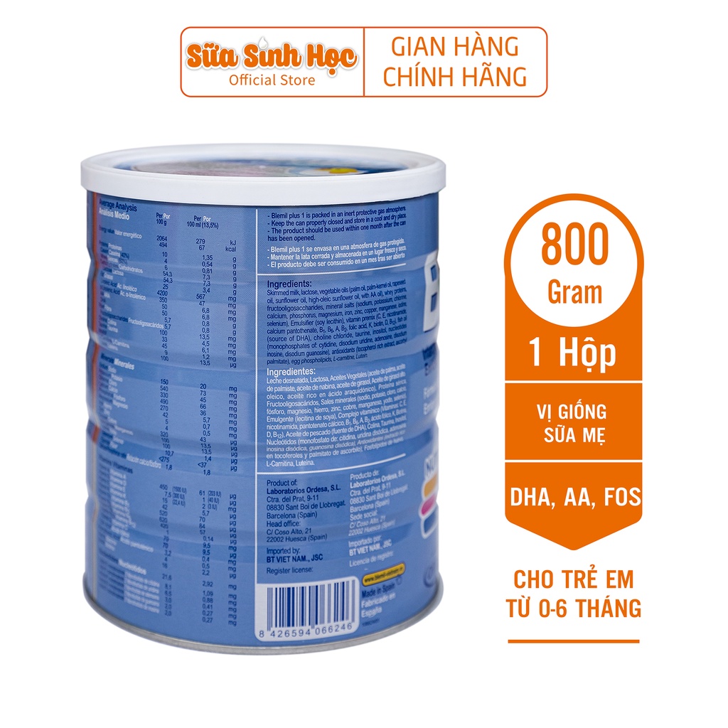 Sữa bột sinh học Blemil Plus 1 nhập khẩu Tây Ban Nha cho trẻ sơ sinh 800g