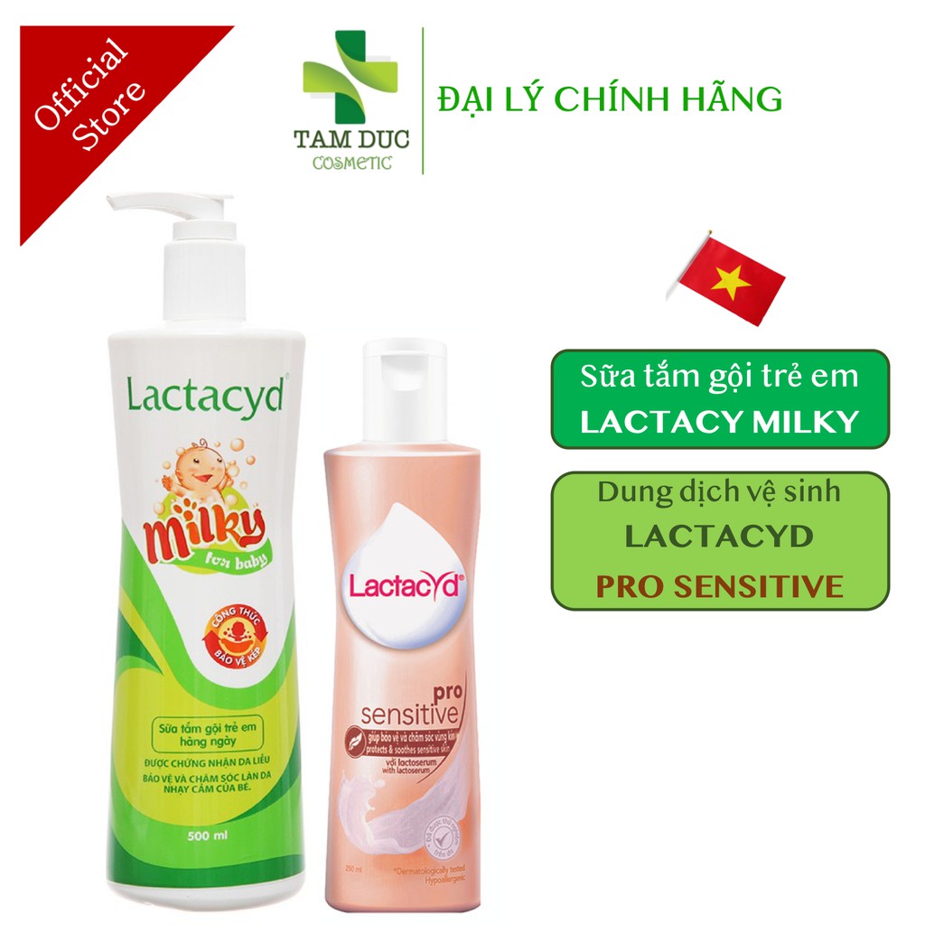 Bộ sản phẩm DDVS Phụ nữ Lactacyd Pro Sensitive 250ml + Sữa tắm gội trẻ em Lactacyd Milky 500ml