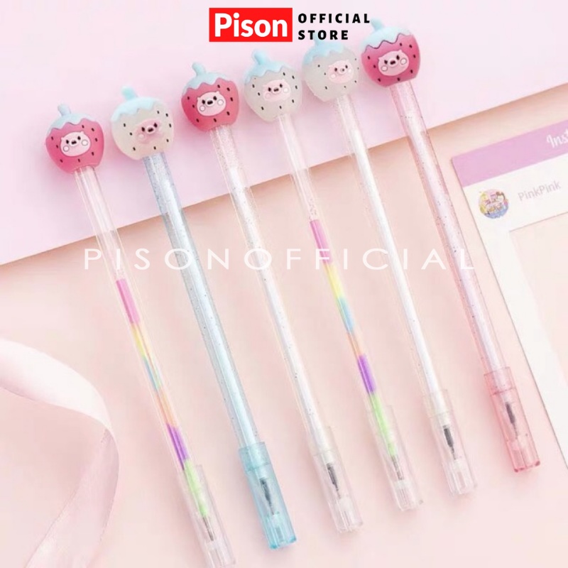 Bút bi nước mực gel hình Dâu tay kim tuyến trong suốt Pison, mực đen ngòi kim 0.38mm - BN029 - 1 cái