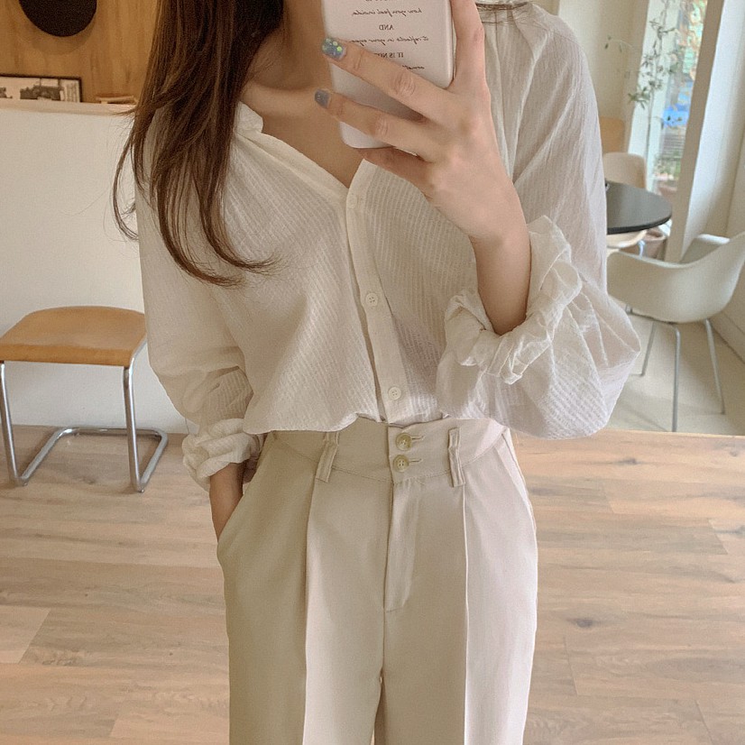 Áo sơ mi tay dài cổ chữ V dáng rộng màu trơn thời trang 40782