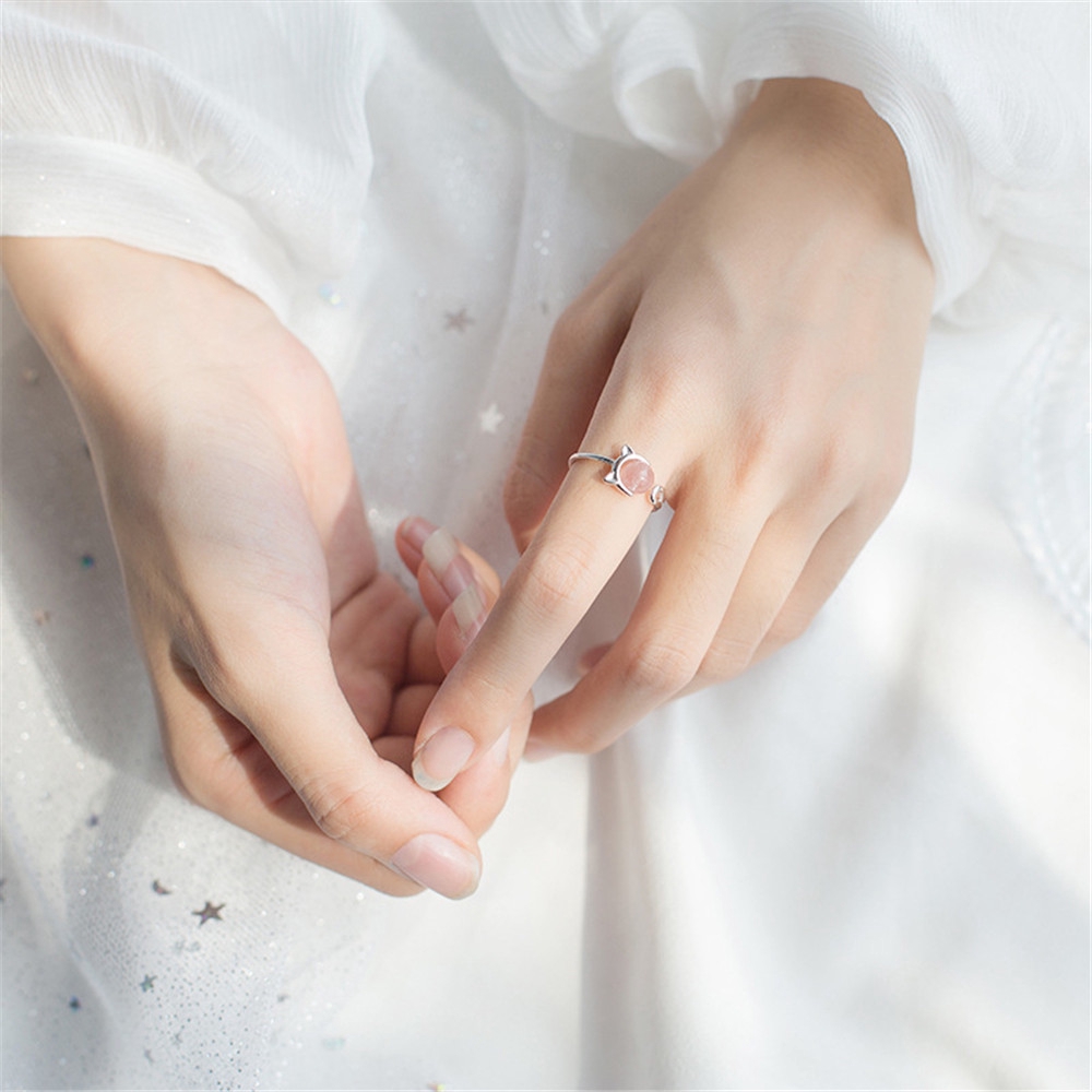 Nhẫn thời trang đính đá mắt mèo màu hồng tự nhiên phong cách Hàn Quốc cho nữ